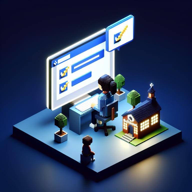 3D voxel art depicting online parent school satisfaction surveys on a dark blue background.