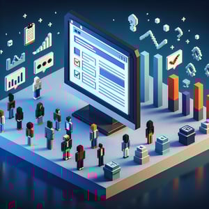 3D voxel art illustrating the concept of online event surveys, set against a dark blue background.