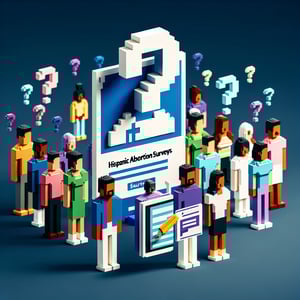 3D voxel art of online survey elements on a dark blue background, representing Hispanic abortion surveys.