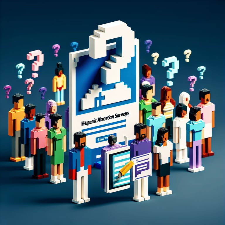 3D voxel art of online survey elements on a dark blue background, representing Hispanic abortion surveys.