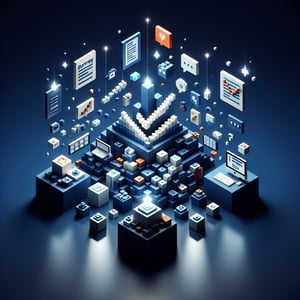 3D voxel art depicting online surveys on a dark blue background, symbolizing CAHPS survey questions.
