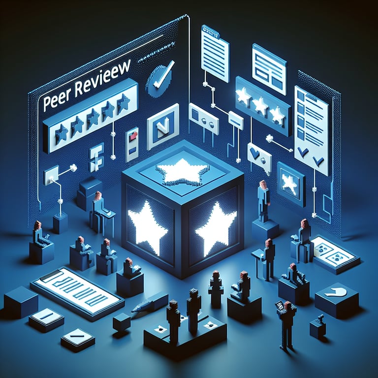 3D voxel art depicting the concept of online peer review surveys on a dark blue background.