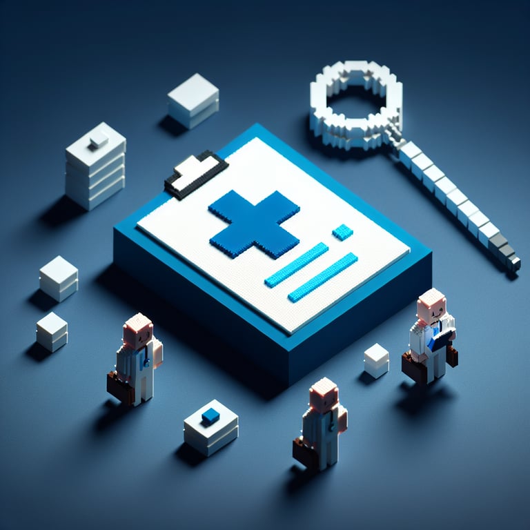 3D voxel art depicting online healthcare survey process on a dark blue background.