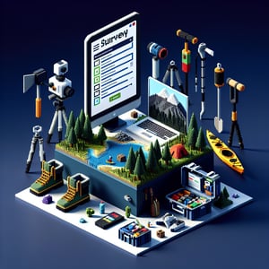 3D voxel art depicting the concept of outdoor recreation surveys on a dark blue background.