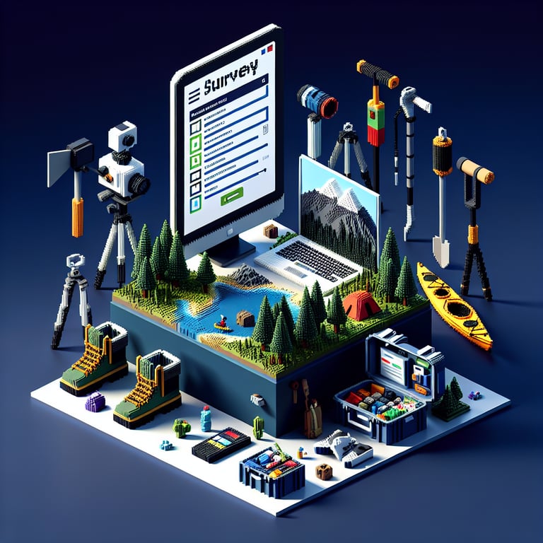3D voxel art depicting the concept of outdoor recreation surveys on a dark blue background.