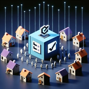 3D voxel art depicting the concept of online HOA resident surveys on a dark blue background.