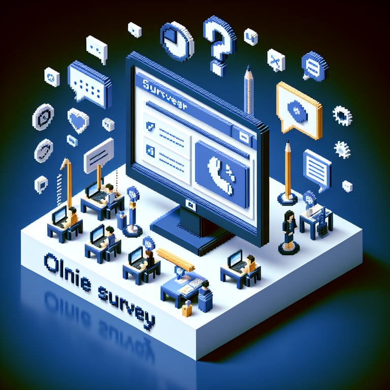 3D voxel art depicting online surveys on classroom technology, set against a dark blue background.