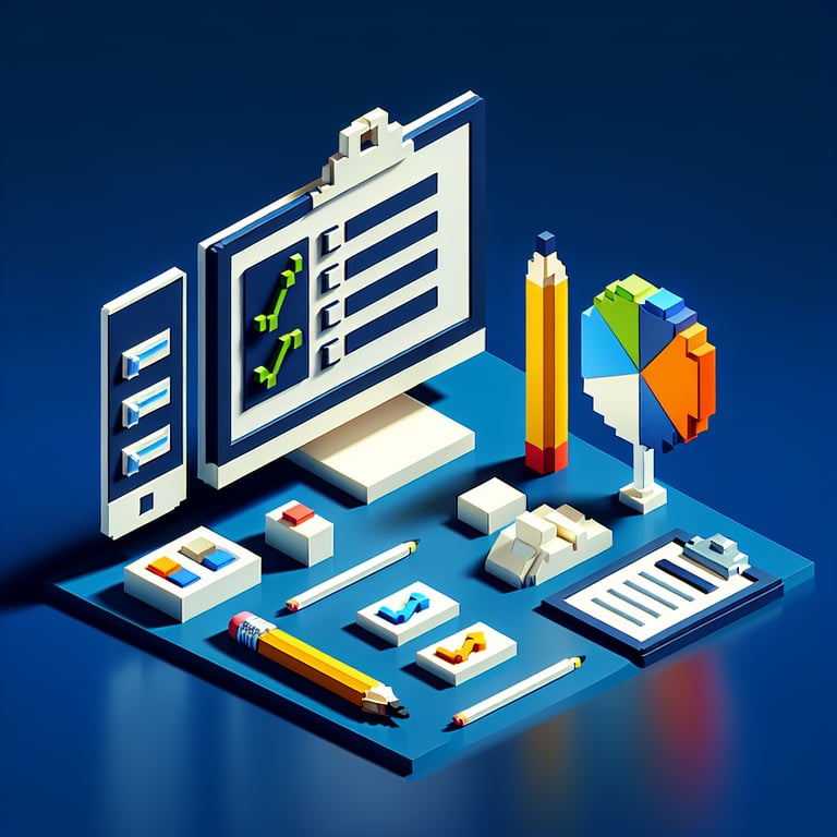 3D voxel art depicting the concept of engaging online surveys and questions on a dark blue background.