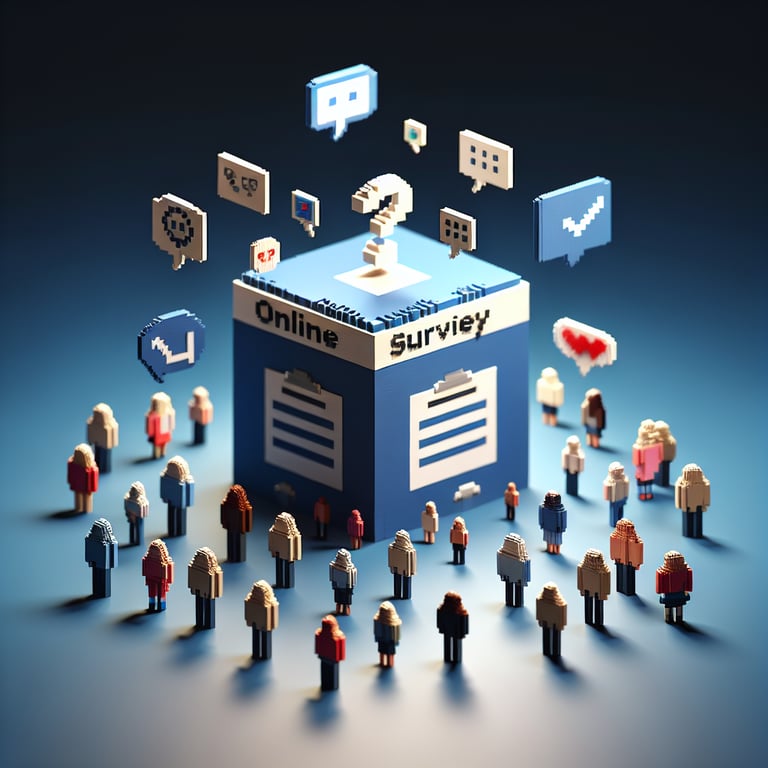 3D voxel art depicting online surveys related to the effects of social media on a dark blue background.