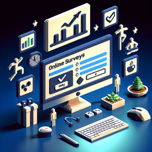 3D voxel art representing online employee wellness surveys on a dark blue background.