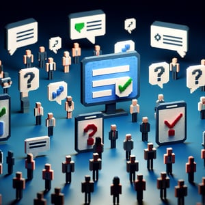 3D voxel art depicting online customer service surveys with a dark blue background.