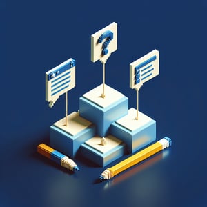 3D voxel art depicting online surveys and questions on a dark blue background.
