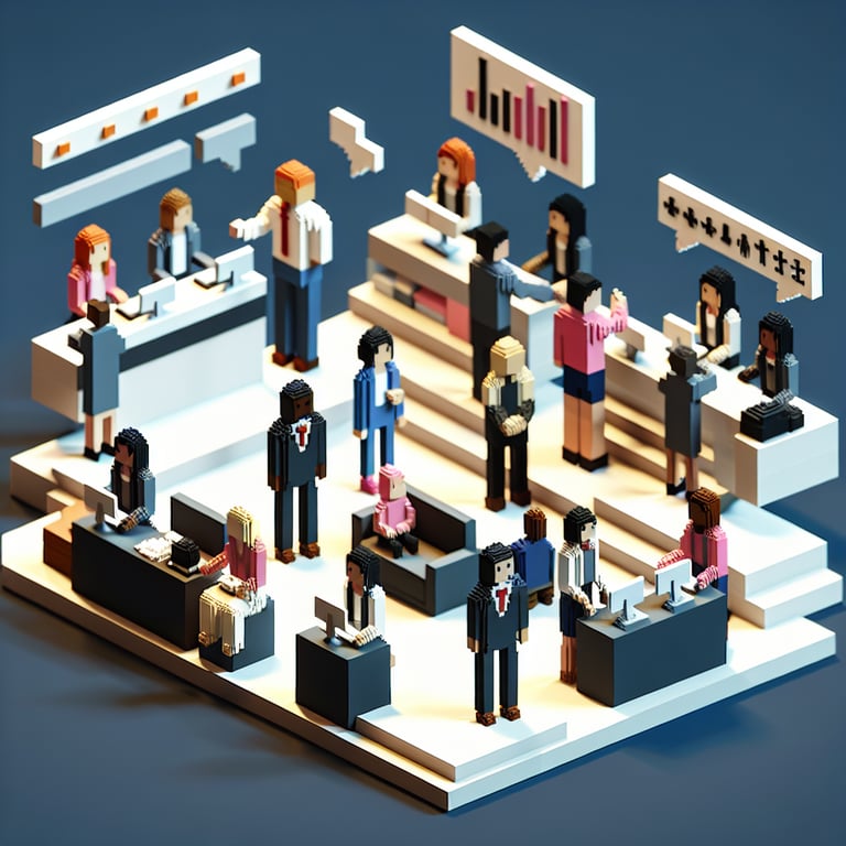 3D voxel art showcasing online customer service survey concept for bricknmortar stores on a dark blue background.