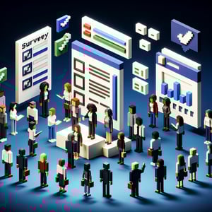 3D voxel art depicting online surveys, emphasizing demographic questions for employee surveys on a dark blue background.