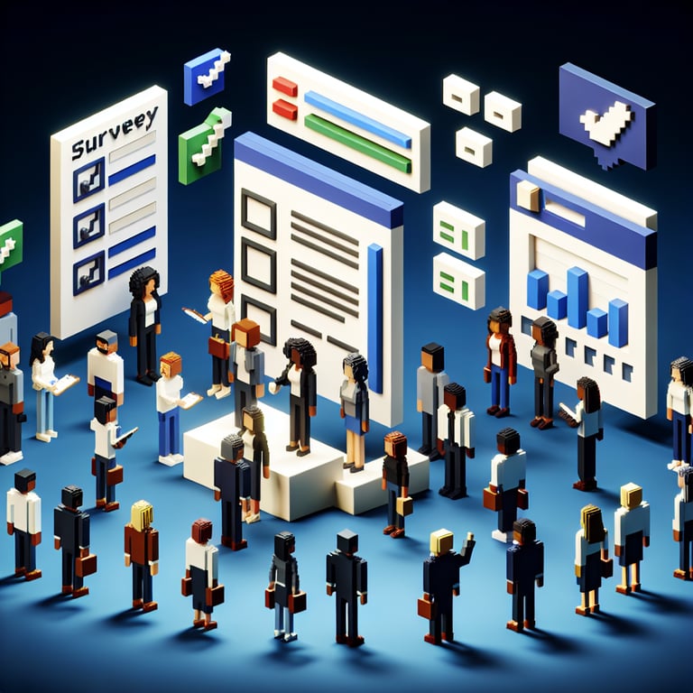 3D voxel art depicting online surveys, emphasizing demographic questions for employee surveys on a dark blue background.