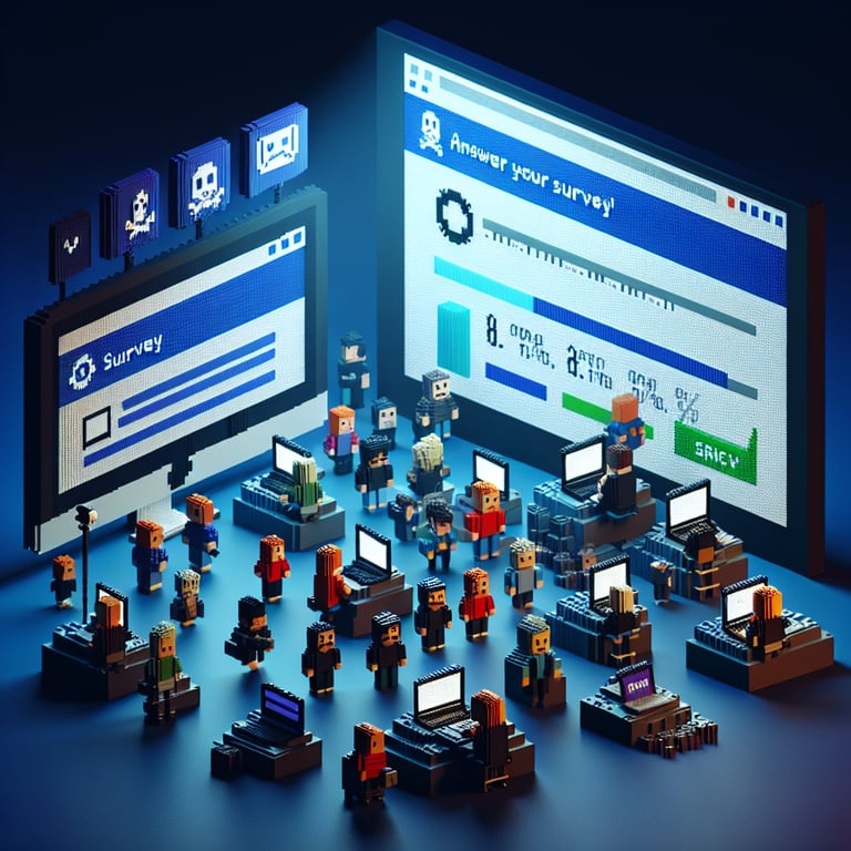 3D voxel art depicting online surveys, symbolizing internet piracy survey questions on a dark blue background.