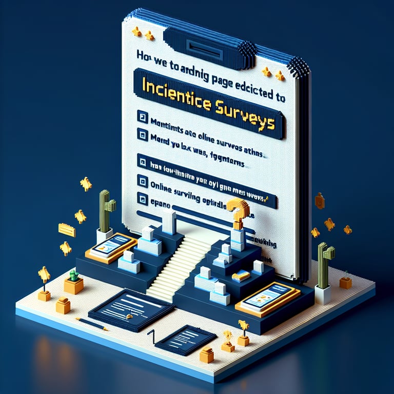 3D voxel art depicting online incentive surveys with engaging elements on a dark blue background.