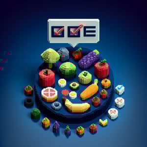3D voxel art depicting an online survey on fruit and vegetable consumption with a dark blue background.