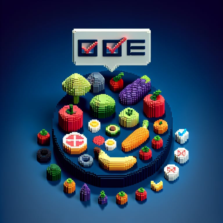 3D voxel art depicting an online survey on fruit and vegetable consumption with a dark blue background.