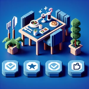 3D voxel art illustrating online restaurant survey concept on a dark blue background.