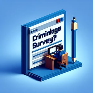 3D voxel art depicting online criminology surveys on a dark blue background.