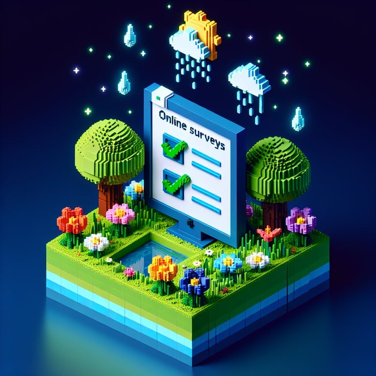 3D voxel art depicting online surveys with vibrant spring-themed elements on a dark blue background.