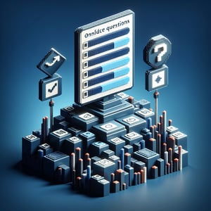3D voxel art illustrating online surveys, featuring a dark blue background, conveying confidence scale questions.