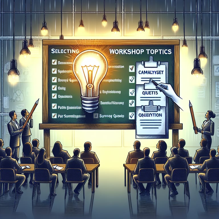 Illustration of the process of selecting workshop topics to create effective workshop survey questions.