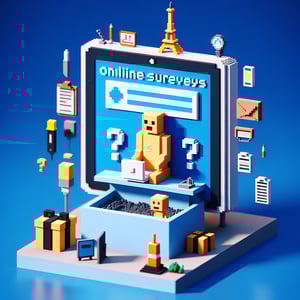 3D voxel art depicting the concept of engaging and humorous online surveys on a dark blue background.