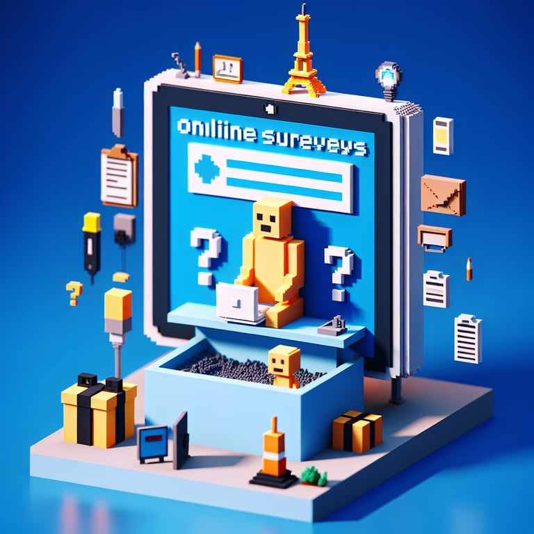 3D voxel art depicting the concept of engaging and humorous online surveys on a dark blue background.