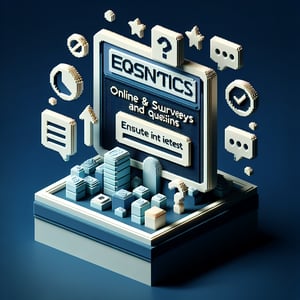 3D voxel art depicting online surveys with a dark blue background, representing UPSC economic survey questions.
