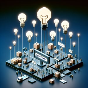 3D voxel art depicting online surveys, symbolizing openness to new ideas, against a dark blue background.