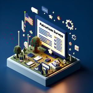 3D voxel art depicting online patriotism surveys on a dark blue background.