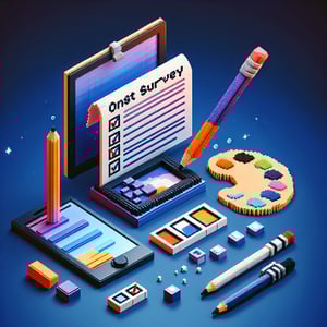 3D voxel art depicting the concept of online art class surveys on a dark blue background.