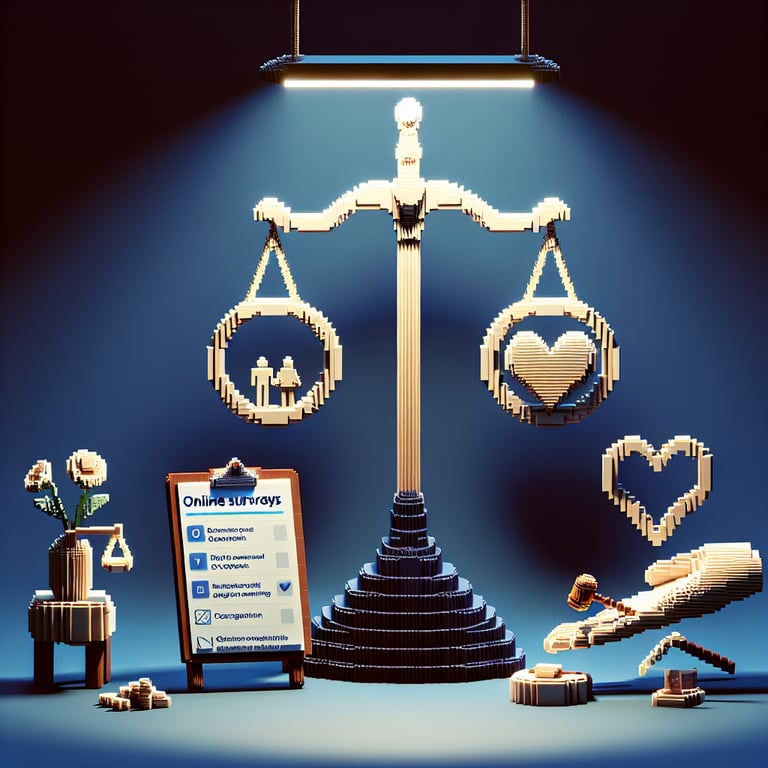 3D voxel art depicting online marriage counseling survey concept on a dark blue background.