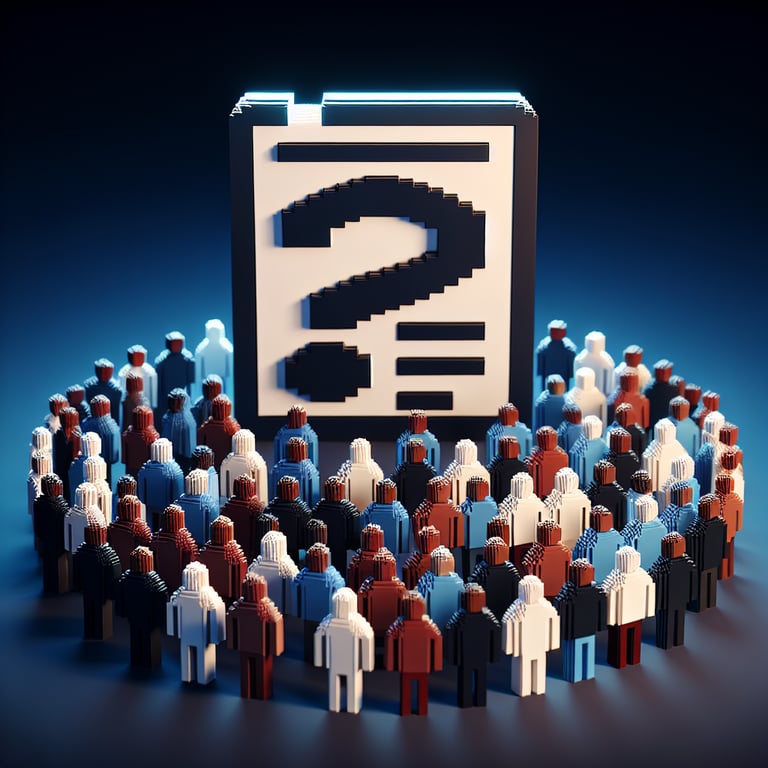 3D voxel illustration of disparity-focused health data collection on a dark blue background.