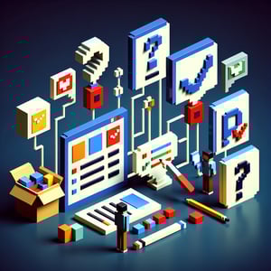 3D voxel art depicting the concept of a one-question online survey for shoppers, set against a dark blue background.