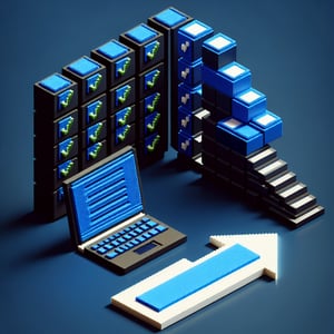 3D voxel art depicting the concept of online IT surveys on a dark blue background.