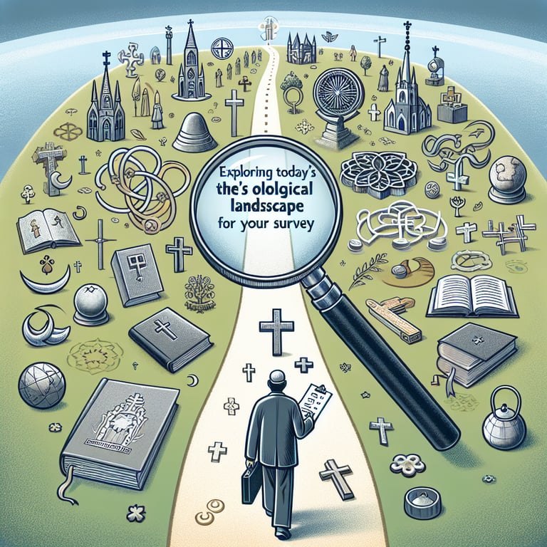 Illustration depicting key topics for theological survey questions in today's religious landscape.