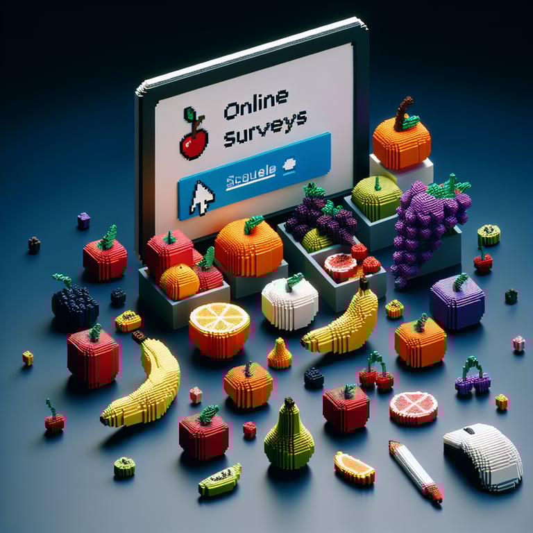 3D voxel art illustrating online fruit surveys with a dark blue background.