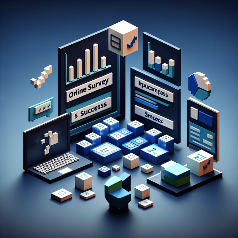 Artistic 3D voxel infographic of survey analytics, symbolizing program effectiveness and outcome measurement