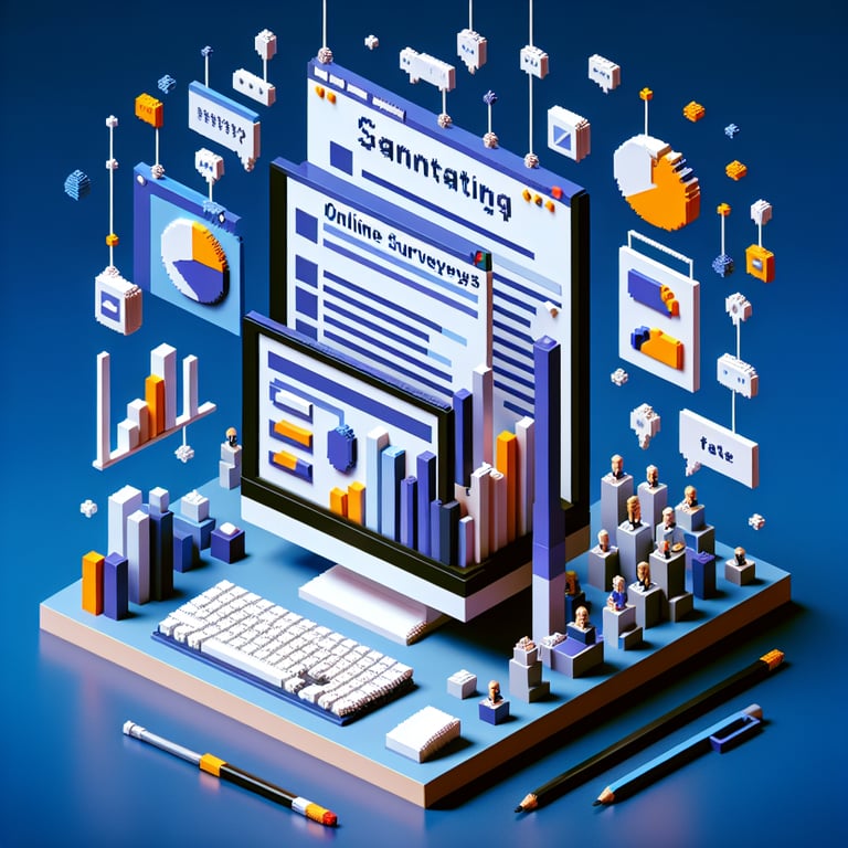 Artistic 3D voxel scene illustrating management survey engagement.