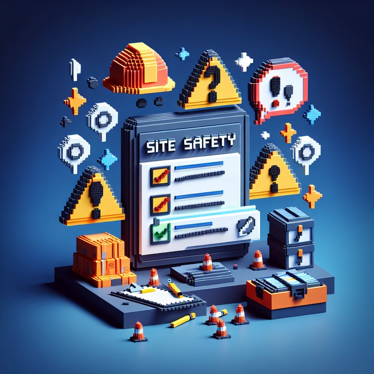 3D voxel art depicting online site safety survey process on a dark blue background.