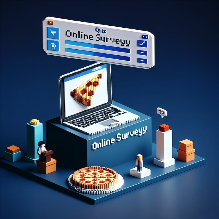 3D voxel art depicting online pizza surveys, with engaging elements on a dark blue background.