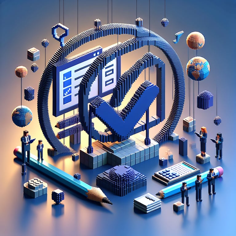 3D voxel art depicting online business survey concept on a dark blue background.