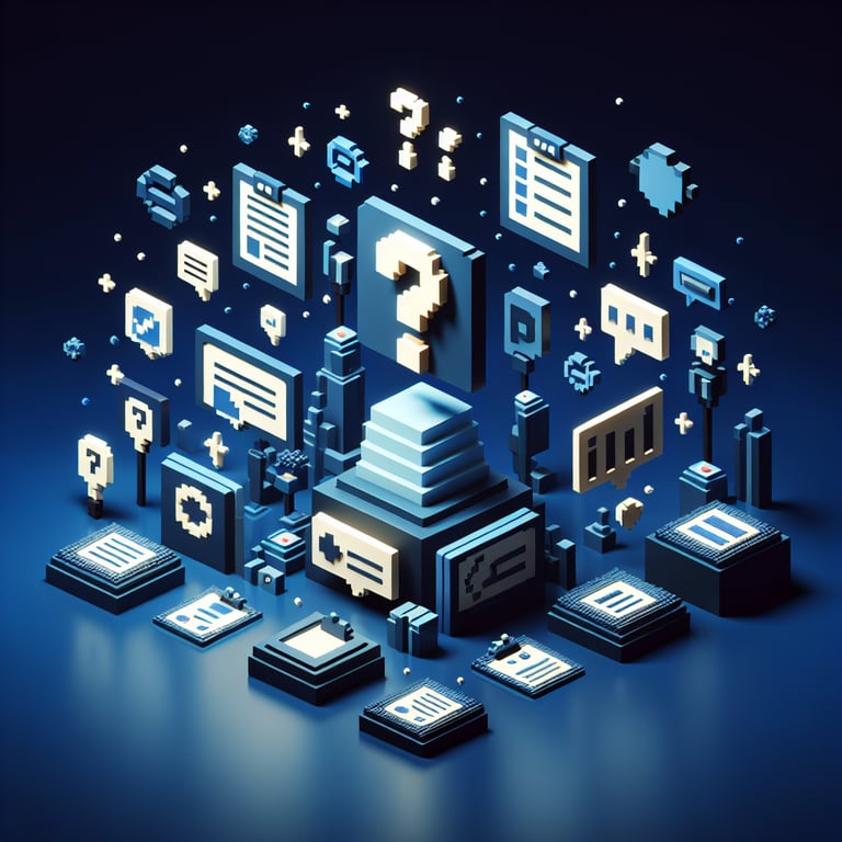 3D voxel art depicting the concept of online placement survey questions on a dark blue background.