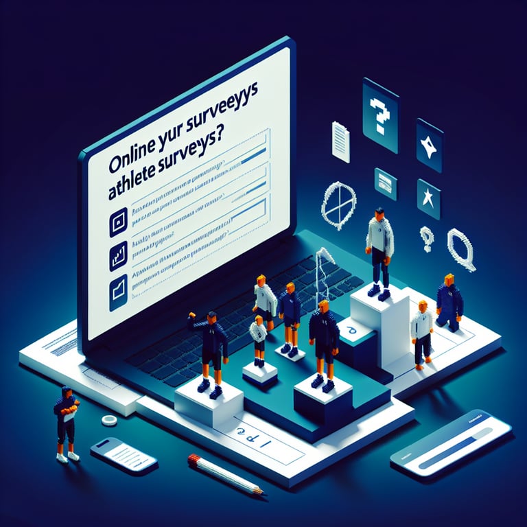 3D voxel art depicting online athlete survey concept on a dark blue background.