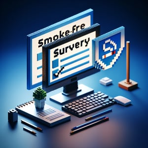 3D voxel art depicting the concept of online smoke-free surveys on a dark blue background.