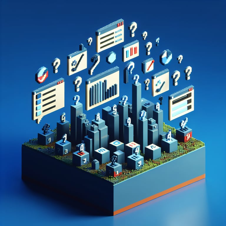 3D voxel art depicting online community outreach surveys on a dark blue background.
