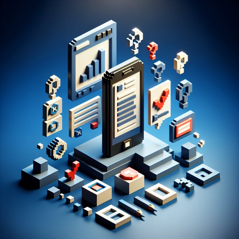 3D voxel art illustrating online smartphone surveys against a dark blue background.